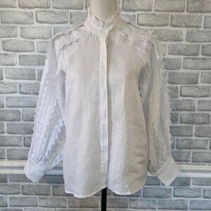 SEA New York White Zig Zag Lace Blouse Top 6 Romantic Quiet Luxury Long Sleeve